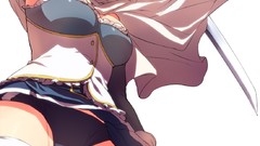 Weapons gloves Swords belts skirts blue hair anime girls 