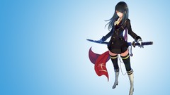 Weapons gradient Katana blue background gloves Swords long hair 