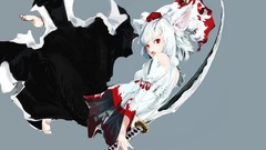 Weapons gray background hats white hair red eyes Swords skirts 
