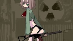 Weapons Guns Anime anime girls green eyes brunettes school 