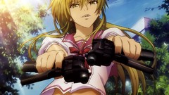 Weapons Guns Anime blondes school uniforms yellow eyes forests 