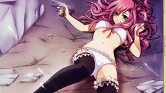 Weapons Guns Anime shells pistols pink hair green eyes bra 