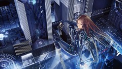 Weapons Guns Anime Swords buildings long hair anime girls blue 