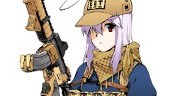 Weapons Guns Anime white background hats armor red eyes 