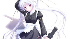 Weapons Guns Anime white background white hair red eyes maids 