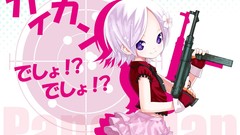 Weapons Guns Anime white hair gloves skirts shadows purple eyes 