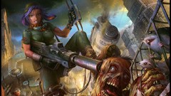 Weapons Guns Anime zombies green eyes purple eyes weaponry 