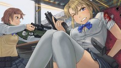 Weapons Guns blondes anime girls blue eyes brunettes school 