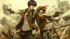 Weapons Guns blood ruins gloves belts pants long hair blue eyes 