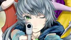 Weapons Guns faces long hair anime girls green eyes bangs 