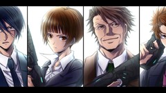 Weapons Guns glasses tie suit long hair anime girls brown eyes 