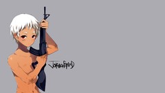 Weapons Guns gray background white hair red eyes short hair 