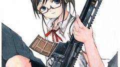 Weapons Guns headphones Anime glasses bullet holes blue eyes 