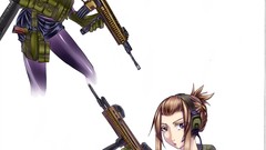 Weapons Guns headphones Anime white background brunettes 