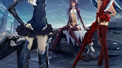 Weapons Guns headphones Skyscrapers dress armor navel sitting 