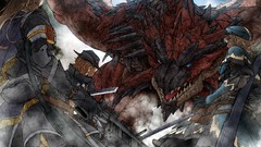 Weapons Guns Monsters fight hats armor white hair red eyes 