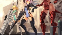 Weapons Guns soldiers red eyes Swords blondes blades pink hair 