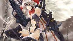 Weapons Guns wings feathers Anime Knives white hair angels 