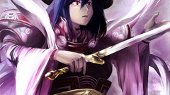 Weapons hats armor red eyes Swords scarfs blue hair anime girls 