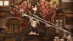 Weapons hats gloves Swords blush long hair anime girls brown 