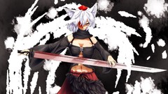 Weapons hats navel white hair Swords skirts short hair bare 