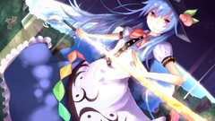 Weapons hats red eyes blue hair long hair touhou hinanawi 
