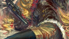 Weapons hats Shorts revolvers jackets blondes scarfs smiling 