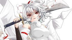 Weapons hats white hair red eyes Swords anime girls short hair 