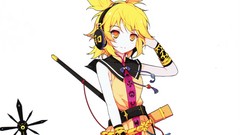 Weapons headphones dress white background Swords belts blondes 
