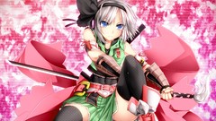 Weapons headphones Katana samurai armor white hair sitting 