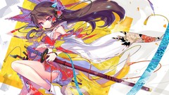 Weapons headphones Katana socks red eyes Swords bows long hair 