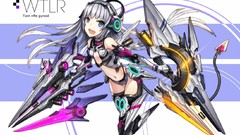 Weapons headphones navel white hair long hair blue eyes mecha 