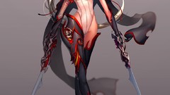 Weapons hood red eyes gloves Swords long hair anime girls 