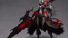 Weapons horns armor white hair long hair cleavage boobs glowing 