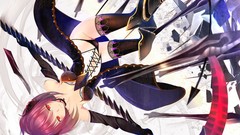 Weapons horns countryside red eyes gloves pink hair anime girls 
