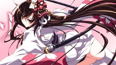 Weapons horns kimono masks long hair anime girls brown eyes 