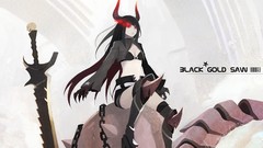 Weapons horns Shorts red eyes Swords chains long hair anime 