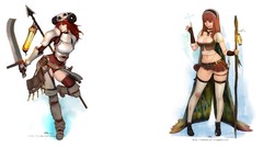 Weapons horns staff Swords spears skirts long hair anime girls 