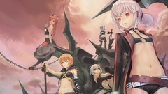 Weapons horns white hair red eyes Swords chains belts long hair 