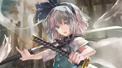 Weapons Katana Anime Swords bows green eyes short hair konpaku 