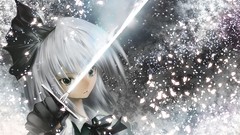 Weapons Katana dress gloves faces Swords bows anime girls green 