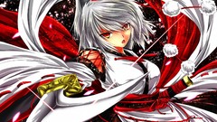 Weapons Katana dress hats white hair red eyes Swords anime 