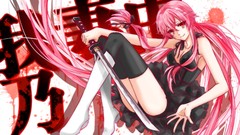 Weapons Katana dress Swords pink hair long hair pink eyes boots 