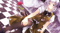 Weapons Katana ghosts white hair sitting Swords bows blue eyes 