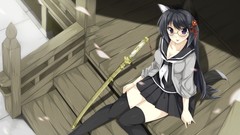 Weapons Katana glasses Swords legs skirts long hair anime girls 