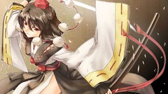 Weapons Katana hats red eyes gloves Swords brunettes short hair 