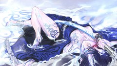 Weapons Katana horns kimono tattoos barefoot anime girls 