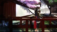 Weapons Katana long hair anime girls black hair cherry blossoms 