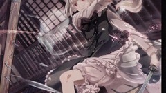 Weapons Katana railing socks Knives ghosts white hair red eyes 