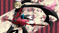 Weapons Katana red eyes gloves Swords stripes blondes skirts 
